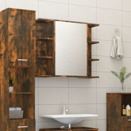 Огледален шкаф за баня опушен дъб 80x20,5x64 см инженерно дърво