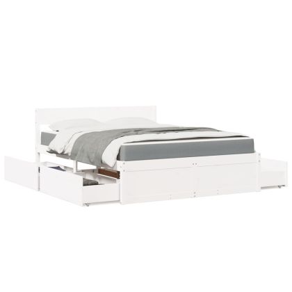 Легло с чекмеджета и матрак, бяло, 160x200 см, бор масив
