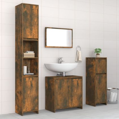 Комплект мебели за баня от 4 части, опушен дъб, инженерно дърво