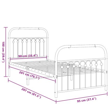 Метална рамка за легло с горна и долна табла, бяла, 90x200 см