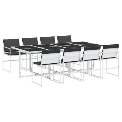 Градински комплект от 9 части, с възглавници, бял, текстилен