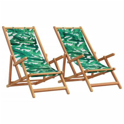 Сгъваеми плажни столове, 2 бр, на листа, плат и масивно дърво