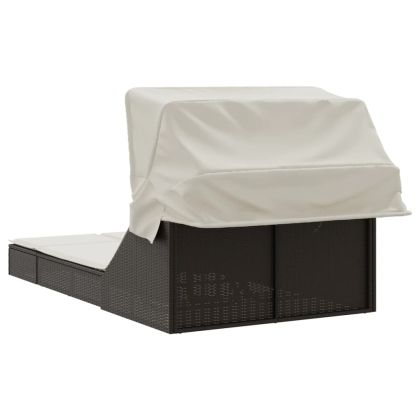 Двоен шезлонг със сенник и възглавници кафяв полиратан