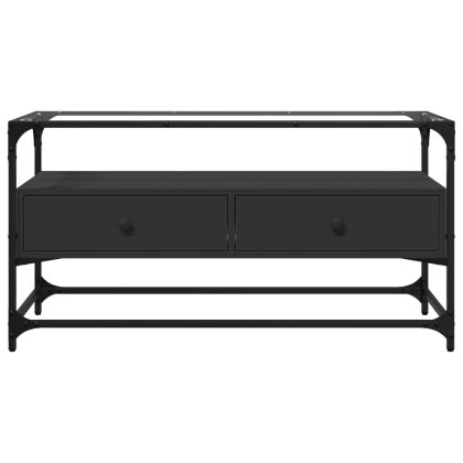 ТВ шкаф със стъклен плот, черен, 98x35x51 см, инженерно дърво