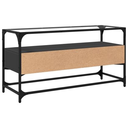 ТВ шкаф със стъклен плот, черен, 98x35x51 см, инженерно дърво