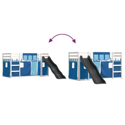 Двуетажно легло с пързалка и завеси, синьо, 90x190 см