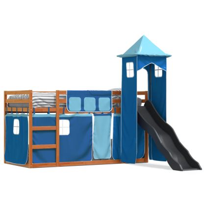 Двуетажно легло с пързалка и завеси, синьо, 90x190 см