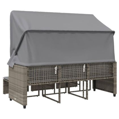 3-местен градински диван със сенник и табуретки сив полиратан