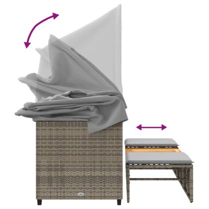 3-местен градински диван със сенник и табуретки сив полиратан