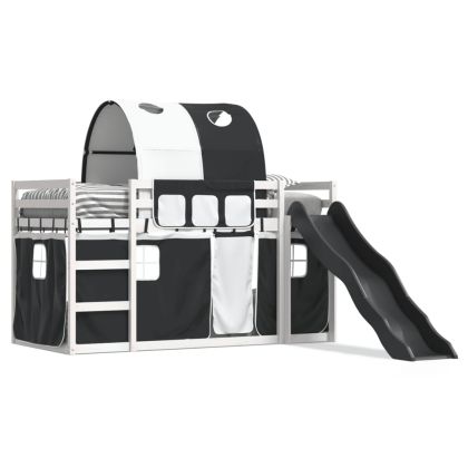 Двуетажно легло с пързалка и завеси, бяло и черно, 90x200 см