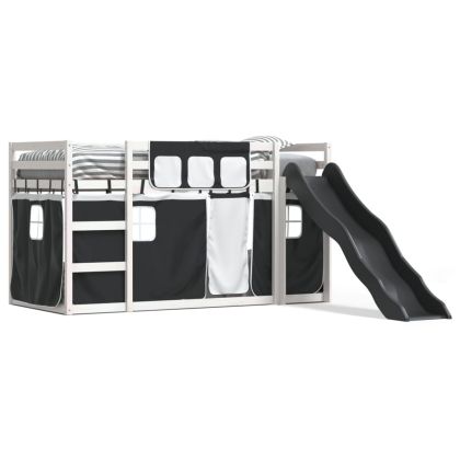 Двуетажно легло с пързалка и завеси, бяло и черно, 90x190 см