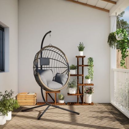 Висящ стол яйце със стойка, светлосив, ратан и стомана