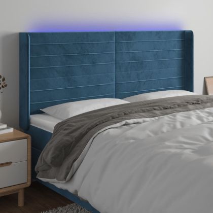 LED горна табла за легло, тъмносиня, 183x16x118/128 см, кадифе