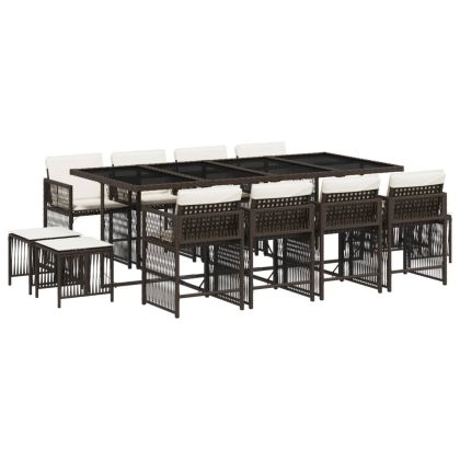 Външен трапезен комплект 13 части с възглавници кафяв полиратан