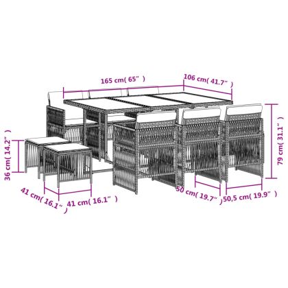 Градински комплект с възглавници 11 части, светлосив полиратан