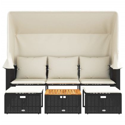 Градински диван 3-местен със сенник и табуретки черен полиратан