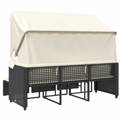 Градински диван 3-местен със сенник и табуретки черен полиратан