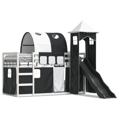 Двуетажно легло с пързалка и завеси, бяло и черно, 90x200 см