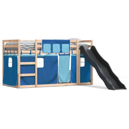 Двуетажно легло с пързалка и завеси, синьо, 90x190 см