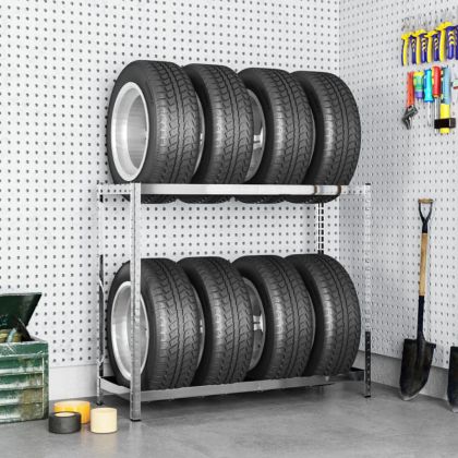 Стелаж за гуми с 2 рафта, сребрист, 110x40x110 см, стомана