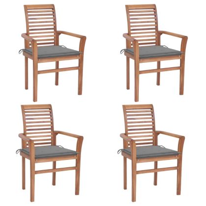 Трапезни столове, 4 бр, със сиви възглавници, тик масив