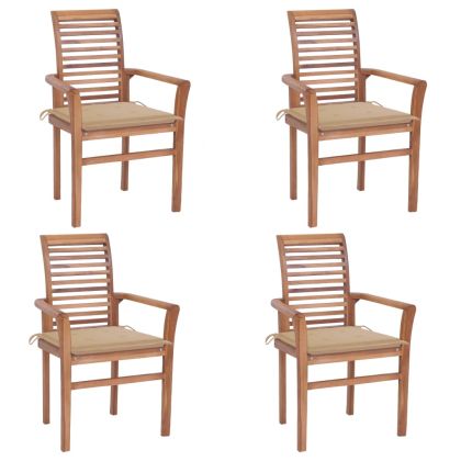 Трапезни столове, 4 бр, с бежови възглавници, тик масив