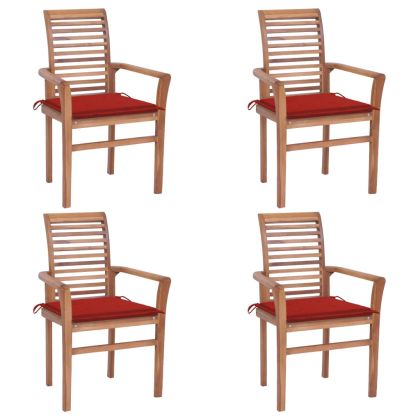Трапезни столове, 4 бр, с червени възглавници, тик масив