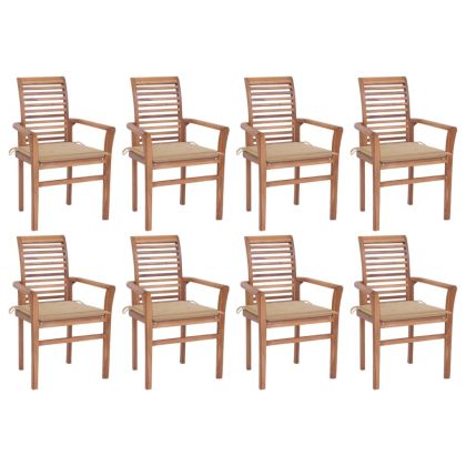 Трапезни столове, 8 бр, с бежови възглавници, тик масив