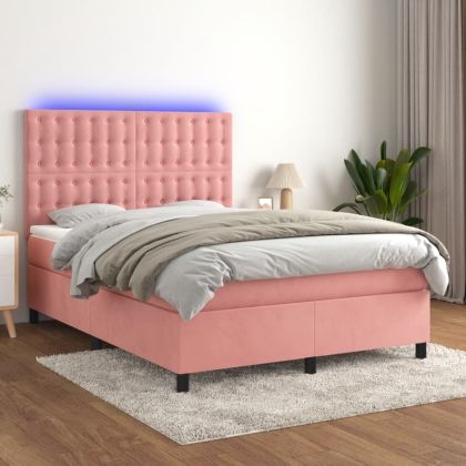 Боксспринг легло с матрак и LED, розово, 140x200 см, кадифе