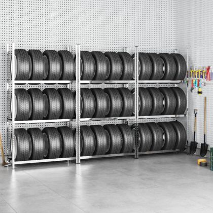 Стелажи за гуми с 3 рафта 3 бр сребристи 110x40x200 см стомана