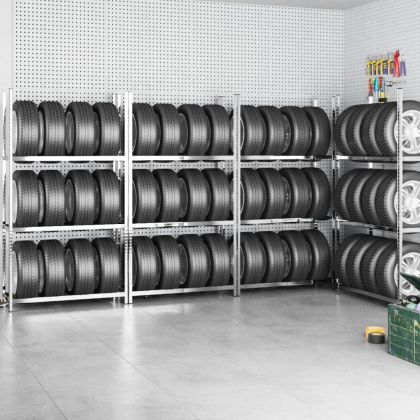Стелажи за гуми с 3 рафта 4 бр сребристи 110x40x200 см стомана