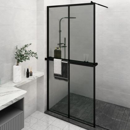 Стена за душ кабина с рафт черна 118x190 см ESG стъкло/алуминий