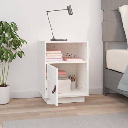 Нощно шкафче, бяло,40x34x55 см, борово дърво масив