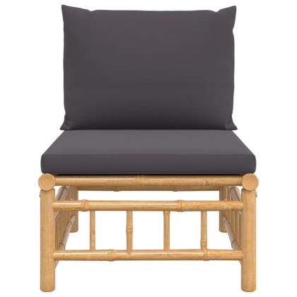 Градински среден диван с тъмносиви възглавници бамбук