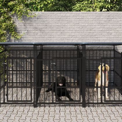 Дворна клетка за кучета с покрив, стомана, 9,38 м²