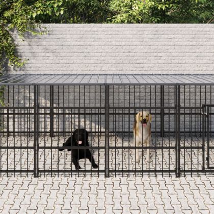 Дворна клетка за кучета с покрив, стомана, 16,89 м²