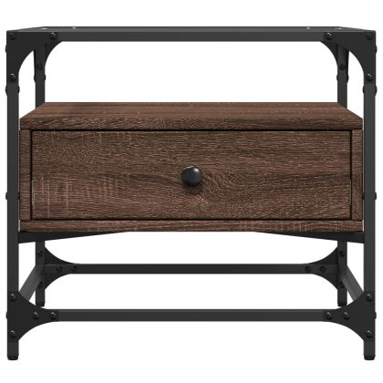 Маса за кафе със стъклен плот, кафяв дъб, 50x50x45 см, стомана