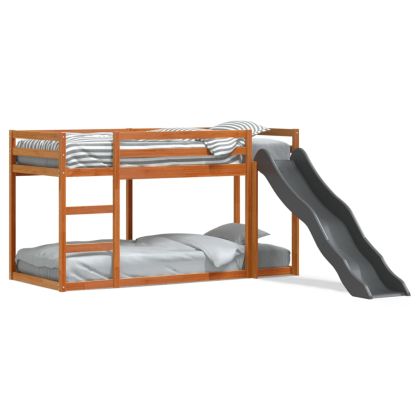 Двуетажно легло с пързалка и стълба кафяв 90x190 см бор масив