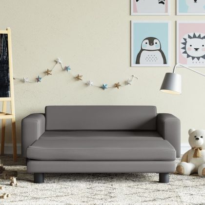 Детски диван с табуретка, сив, 100x50x30 см, изкуствена кожа