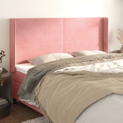 Горна табла за легло с уши, розова, 163x16x118/128 см, кадифе