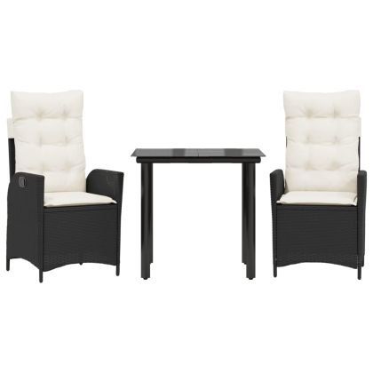 Градински комплект от 3 части с възглавници черни полиратан