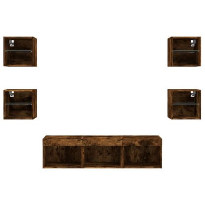 ТВ стенни модули с LED, 7 части, опушен дъб, инженерно дърво