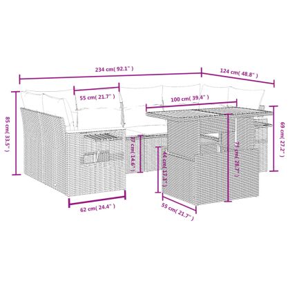 Градински диван с възглавници, 7 части, бежов полиратан