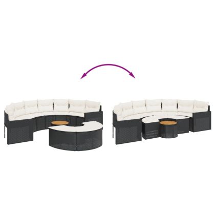 Градински диван от 3 части полукръгъл черен полиратан