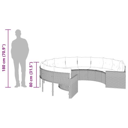 Градински диван с възглавници, кръгъл, сив полиратан