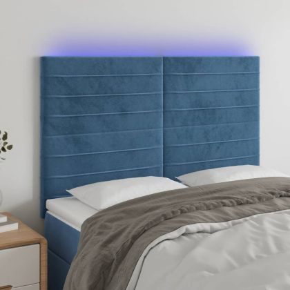 LED горна табла за легло, тъмносиня,144x5x118/128 см, кадифе