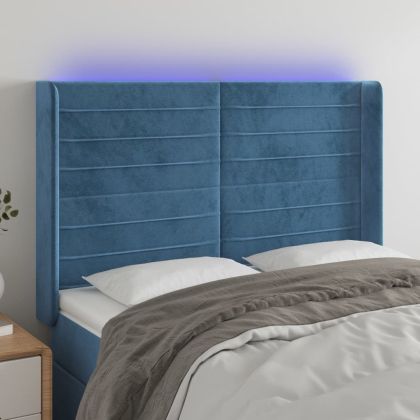 LED горна табла за легло, тъмносиня, 147x16x118/128 см, кадифе