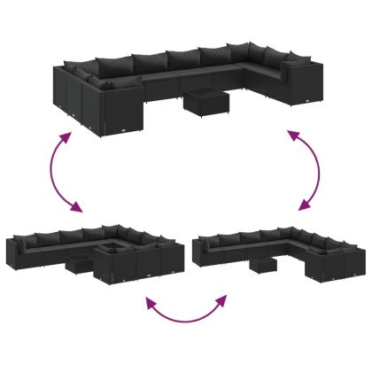 Градински лаундж комплект с възглавници 11части черен полиратан