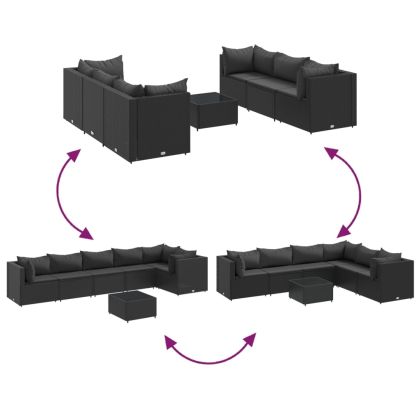 Градински лаундж комплект с възглавници 7 части черен полиратан