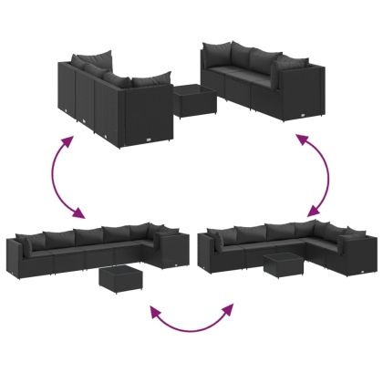 Градински лаундж комплект с възглавници 7 части черен полиратан